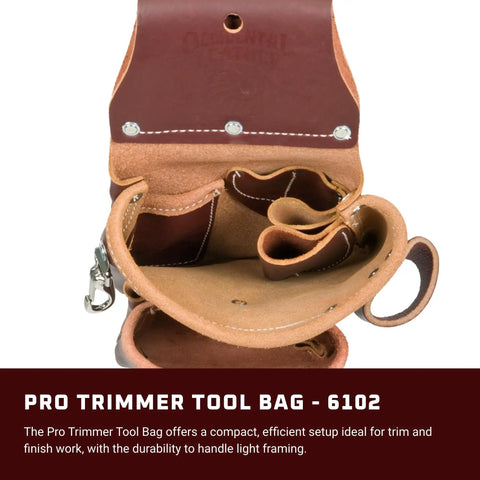 Interior view of Pro Trimmer Tool Bag With 9 Pockets And Tool Holders For Trim And Finish Work, leather material with slots.