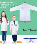 Children wearing a Kids Science Experiment Kit With Lab Coat Dress Up Costume And Role Play Fun, Hands On STEM Activities For Boys And Girls 6 Plus, Includes Test Tubes Eyedroppers Funnels Measuring Spoons And More Gift, with lab coat dimensions and safety glasses shown.