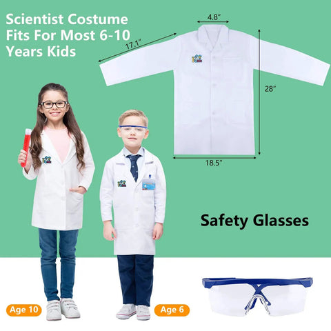 Children wearing a Kids Science Experiment Kit With Lab Coat Dress Up Costume And Role Play Fun, Hands On STEM Activities For Boys And Girls 6 Plus, Includes Test Tubes Eyedroppers Funnels Measuring Spoons And More Gift, with lab coat dimensions and safety glasses shown.