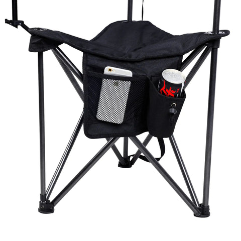 Close-up of Extra Large Quick Folding Tripod Stool with Backrest pockets holding phone and can, sturdy tripod frame visible