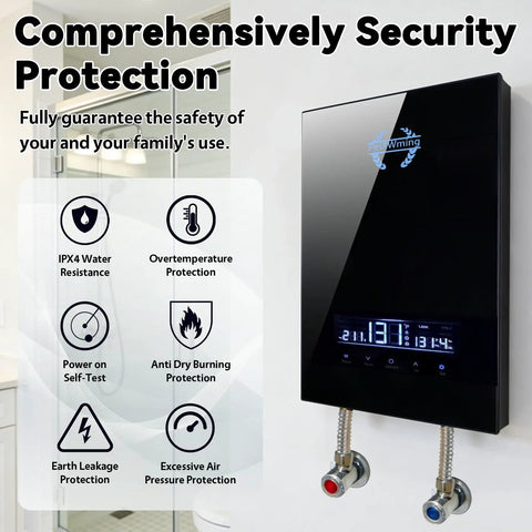 Top Shelf 14kW Electric Tankless Water Heater Pumping Out Quick 240V On Demand Hot Water At Two Point Eight Five Gpm displayed with safety features.