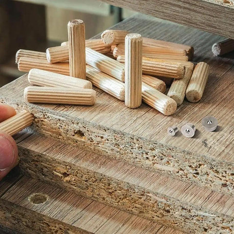 Pro Grade Dowel And Tenon Center Points Set 8 Solid Steel Drill Bit Markers with dowels on wood board