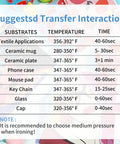Suggested transfer interaction chart for 11x17 Sublimation Paper Pack, 120 Sheets for T-shirts, mugs, and more. Includes temp and time.