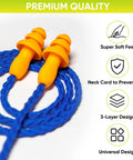 Orange silicone sleep ear plugs with blue neck cord, noise canceling 25dB NRR, individually wrapped, hypoallergenic fit for travel.