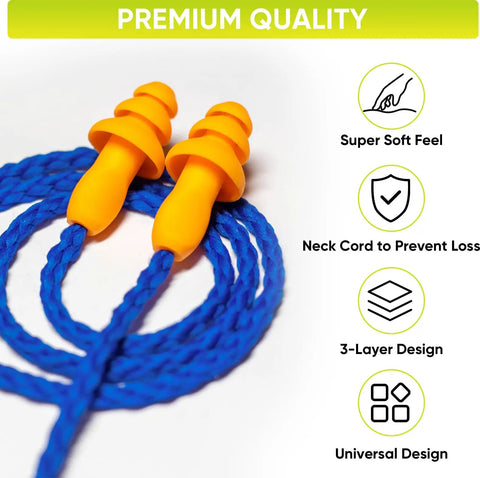 12 Pairs Reusable Silicone Ear Plugs For Sleeping And Noise Reduction, Individually Wrapped 25dB NRR, Corded Design, Great For Study Concentration And Travel Comfort All Day, showing orange ear plugs on blue cord with design features.