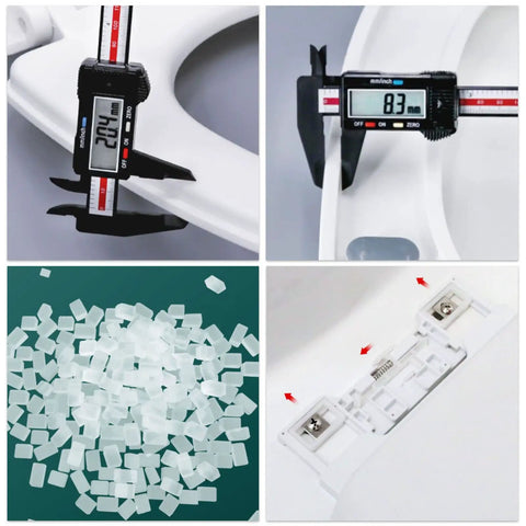 Measurements of Silent Soft Close No Sweat Quick Release Oval Toilet Seat With Adjustable Zinc Hinge and installation details.
