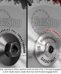 Comparison of standard arbor washer vs. Dado Nut Replacement For SawStop Table Saws With One Piece Arbor Nut And Washer.
