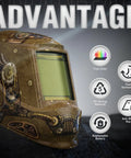 Steampunk design auto darkening welding helmet with features: true color, fast darkening, and replaceable battery.
