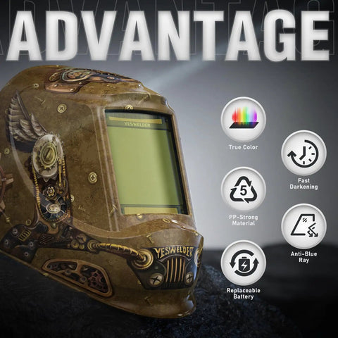 Steampunk design auto darkening welding helmet with features: true color, fast darkening, and replaceable battery.