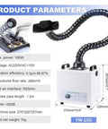Solder Fume Extractor With 100W Motor, 200m3/h Suction, Low Noise, Pro Grade Performance, 3 Stage Filtration, 1.2m Hose, Desktop Nail Salon Soldering Fume Absorption And Cleanup, 110 Volt, dimensions and specs displayed.