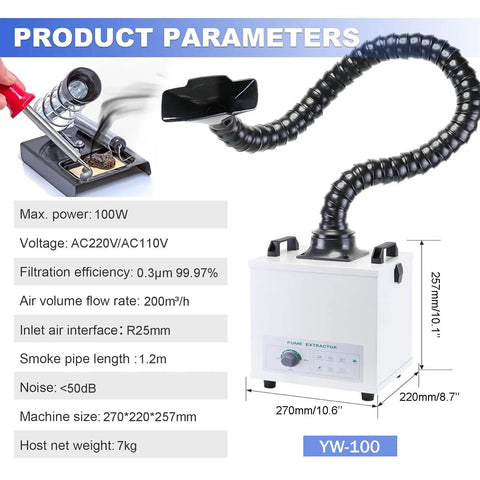 Heavy Duty Laser And Solder Fume Extractor Featuring A Badass 100W Brushless Motor Delivering 200 Cubic Meters Per Hour Of Serious Suction For 3D Maker Workshop Cleanup 110V with smoke extraction arm.