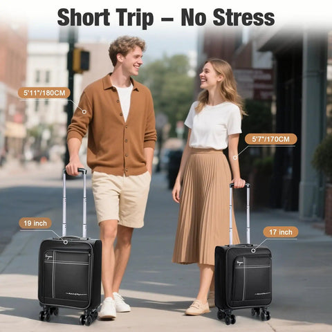 Two people strolling with Underseat Carry On Luggage That Feels Like A Pro Airline Approved Softside Case With Removable Wheels