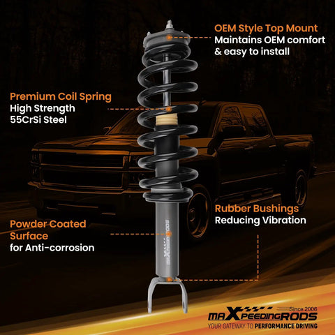 Boost Your Stance With These 2 Inch Loaded Front Struts For Ram 1500 2019 To 2025 showing OEM style top mount and 55CrSi steel coil spring.