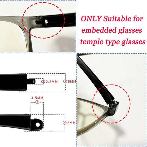 Super Slick TR90 Replacement Temple Arms For Eyeglasses Universal Repair Kit showing size and fit for embedded temple glasses.