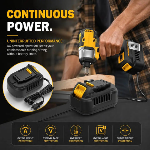 Heavy Duty AC To DC Power Converter For DeWalt 18V And 20V Cordless Tools 500W Adapter in use with drill.