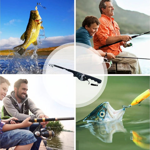 Collage of fishing scenes with Pocket Size Baitcasting Rod Kit With Telescopic Rod And Included Reel And Line in action on water.