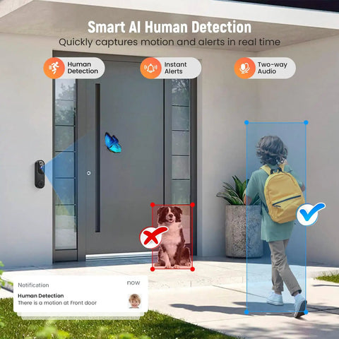 Smart Video Doorbell Camera With Battery Power, AI Human Detection And Instant Alerts, Night Vision, Two Way Audio, 2.4G WiFi