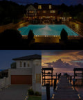 12 Pack Upgraded Solar Driveway Marker Lights With Switch For Easy Install Outdoor Deck Waterproof LED Boat Dock Lights Aluminum Warning Step Lighting For Path Walkway Bright White illuminating poolside, driveway, and dock in various nighttime settings.