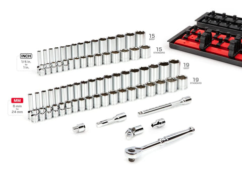 74 Piece 3/8 Inch Drive Socket And Ratchet Set With Rails And Trays Includes 1/4 To 1 Inch Standard And Deep 6-Point Inch And Metric Sockets Great For Auto Repairs DIY Projects And Everyday Home Maintenance displayed with all components.