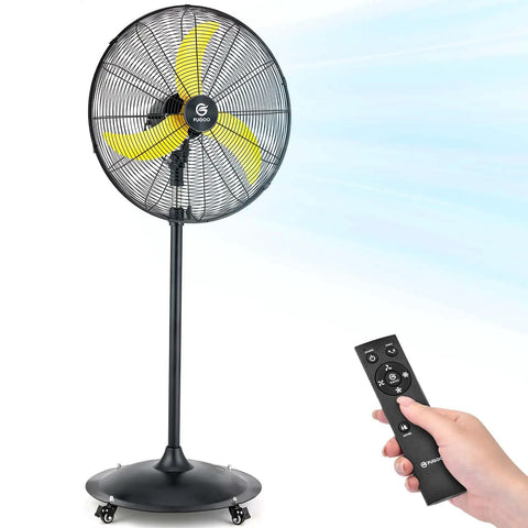 Whisper Quiet 24 Inch Industrial Pedestal Fan With Brushless DC Motor 5000 CFM Waterproof Heavy Duty Fan Remote Control shown