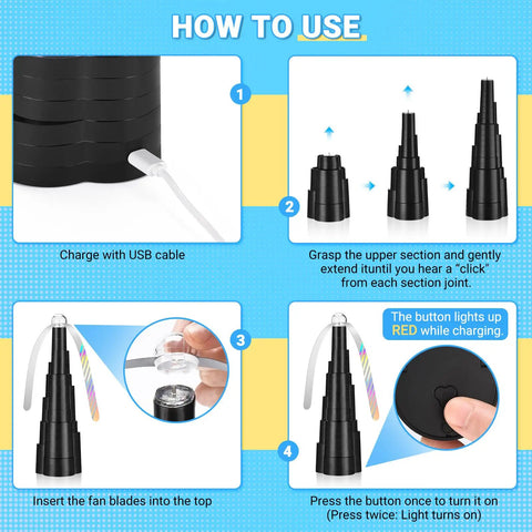 Step-by-step guide for using Rechargeable Fly Fans for Tables With LED Light for Outdoor Dining, Picnics, and Parties.