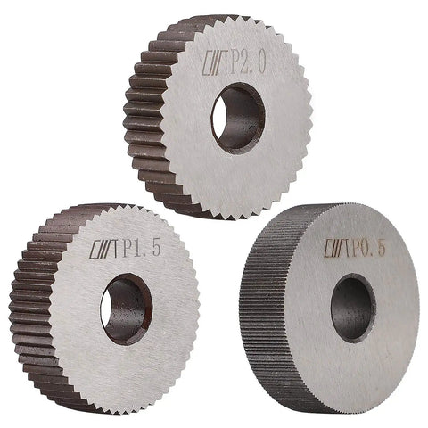 Replacement Linear Knurl Tool Kit With Interchangeable Wheels In 0.5mm, 1.5mm And 2mm showing steel wheel components