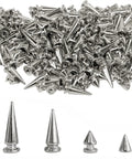 Rock Hard Heavy Duty Silver Cone Spikes Screw Back Studs Punk Rock Bullet Rivets mixed sizes pack displayed on a surface.