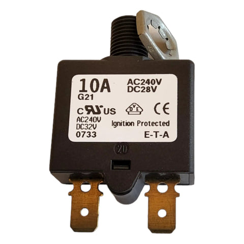 Compact Thermal Reset Tiny But Mighty Single Pole Circuit Breaker Push to Reset, 10 Amp, 240 VAC or 28 VDC, PN 1658-G21-01-P10-10A