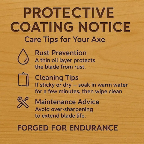 Protective coating notice and care tips for 15 Inch Camping Hatchet Survival Axe With Sheath High Carbon Steel Blade Wood Handle