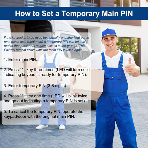 Instructions on how to set a temporary main PIN on a wireless garage door keypad with an installer holding a box.