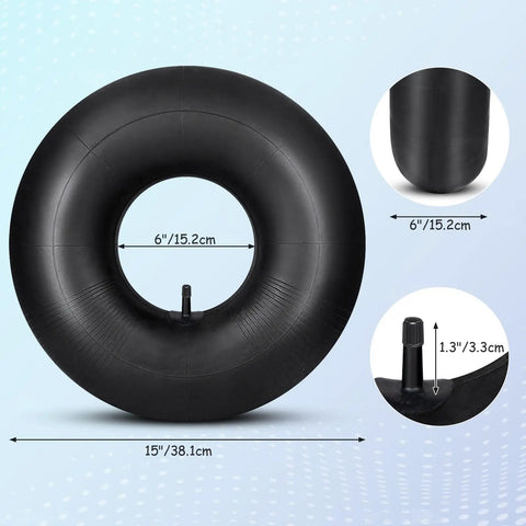 Heavy Duty 15x6.00-6 Inner Tubes 4 Pack With TR14 Straight Valve Stem, shown in full view with dimensions labeled, for Lawn Mowers ATVs Go Karts Golf Carts Dirt Quads Wheelbarrows And Snow Blowers