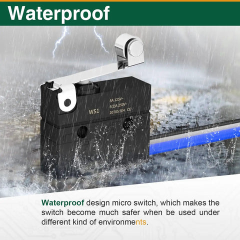 Waterproof Micro Limit Switch Kit With SPDT 1NO 1NC, IP67 sealed roller lever arm in rain, showing durability for CNC and automation.
