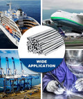 Collage showcasing a Low Temp Flux-Cored Aluminum Brazing Rods Set, 100 Pcs for welding in diverse industries, airplane, ship, and welder.