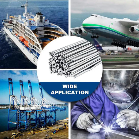 Collage showcasing a Low Temp Flux-Cored Aluminum Brazing Rods Set, 100 Pcs for welding in diverse industries, airplane, ship, and welder.