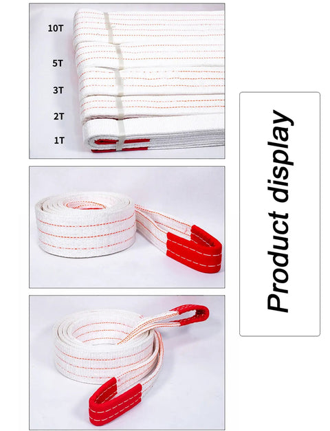 Heavy Duty Polyester Lifting Sling Web Belt For Crane Hoist And Forklift Towing displayed in various lengths marked from 1T to 10T.