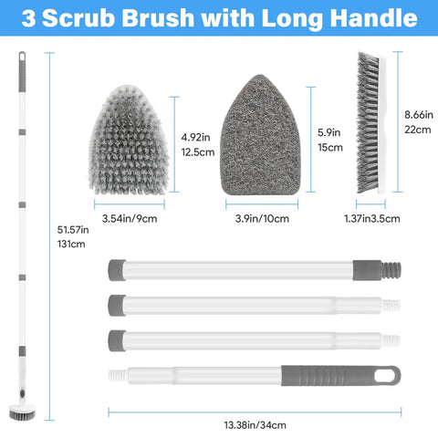 3 in 1 Tub Tile Scrubber Set With 51.5 Inch Long Handle showing brush parts and sizes for deep cleaning of various surfaces