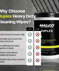 Heavy Duty Cleaning Wipes For Home And Auto With Dual Sided Texture Wet Wipes That Power Through Grease Tar Paint Oil Dirt Without Residue Safe On Hands Made In USA 130 Wipes shown with benefits