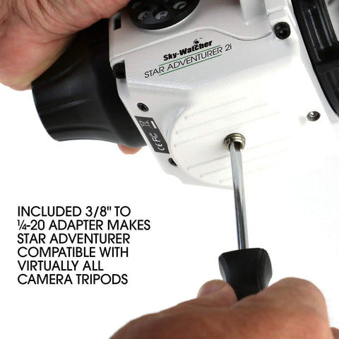 Person adjusting Motorized Night Sky Tracker For DSLR Cameras On The Go Portable Astro Imaging Rig with adapter for tripods.