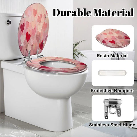 Fun Elongated Toilet Seat Resin for Bathroom Use with heart design, featuring adjustable hinges and protective bumpers.