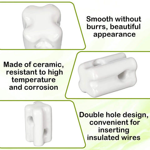 White ceramic bullnose fence insulators, 10 pcs, double-hole design for fence wires on wood posts