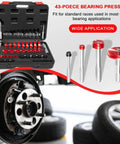 43 Piece Bearing Press And Seal Driver Set With 39 Adapters And 4 Handles Pro Grade Heavy Duty Seal Installer Kit For Bearing Installation In Brake Disc Hubs Wide Application For Standard Races And Seals Black Case Included, shown with open case and components displayed.