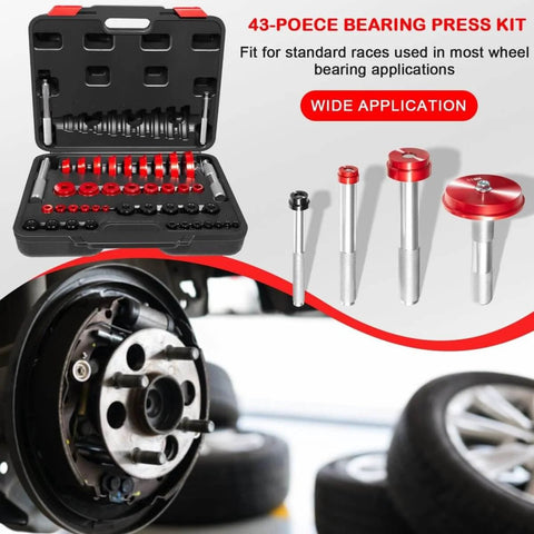 43 Piece Bearing Press And Seal Driver Set With 39 Adapters And 4 Handles Pro Grade Heavy Duty Seal Installer Kit For Bearing Installation In Brake Disc Hubs Wide Application For Standard Races And Seals Black Case Included, shown with open case and components displayed.