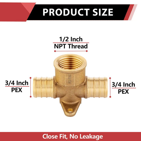 10-Pack PEX Drop-Ear Tee Fittings Three Quarters Inch by Three Quarters Inch by One Half Inch Female NPT Brass Crimp Fits All PEX Brands