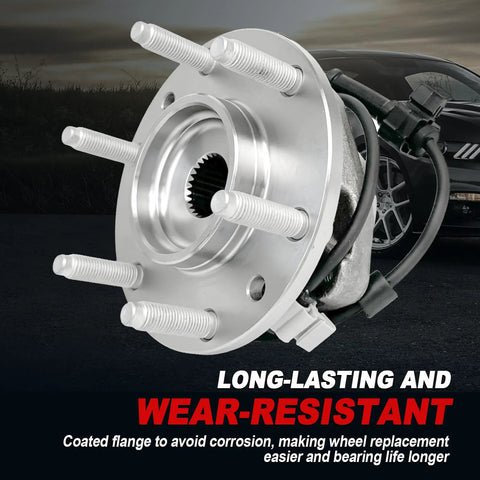 Front view: wheel hub bearing assembly with 6-lug studs and ABS, silver metal, for GM SUVs