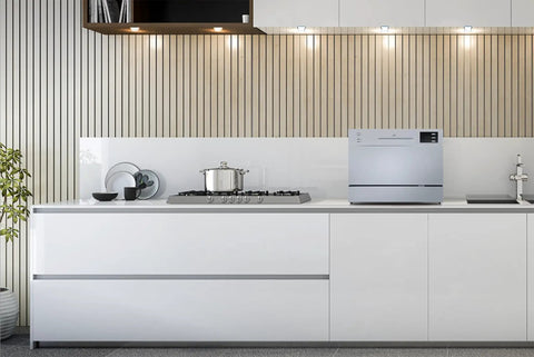Straight Up Countertop Dishwasher With Six Quick Rinse Cycles And Bright Led Touch Panel Featuring Easy Sink Hookup Digital Timer And Zero Hassle Cleanup For Daily Grinds in a modern kitchen.