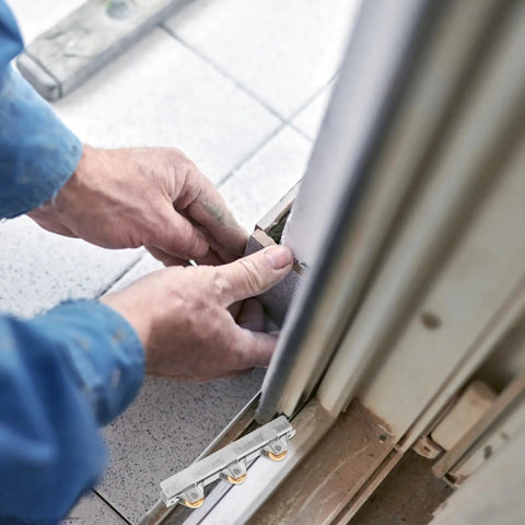 Person installing Heavy Duty Sliding Screen Door Pulley Wheel Replacement Rollers for smooth operation.