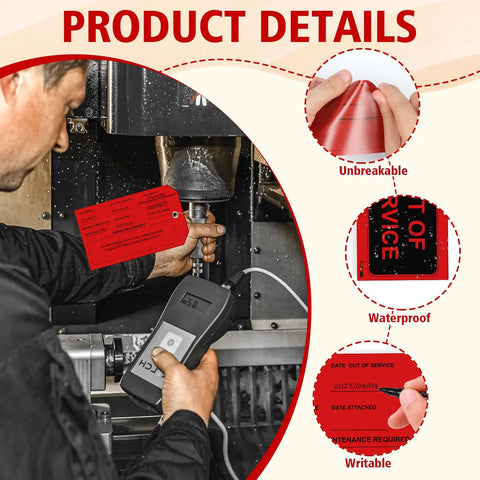 Rock Solid Waterproof Red Out Of Service Tags Bundle With Sturdy Tie Cords And Long Lasting Marking Pen on machinery during inspection.