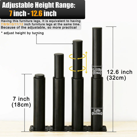 Solid As A Rock Adjustable Metal Furniture Legs Set Of Four for beds, sofas, and dressers showing 7 inch to 12.6 inch height range.