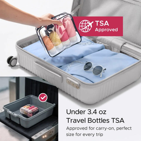 23 Pack TSA Approved Travel Bottles Set With Leakproof Refillable Silicone Squeezable Bottles And Jars in luggage and security bin