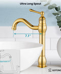 Vessel Sink Faucet With 360 Degree Swivel Spout, polished gold, single handle, tall bathroom mixer tap with pop up drain and matching hoses
